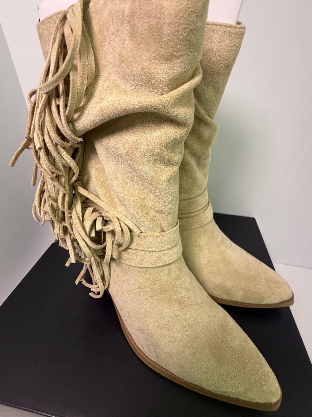 Steve Madden Beige Suede Fringe Mid-Calf Booties - Picture 3 of 9